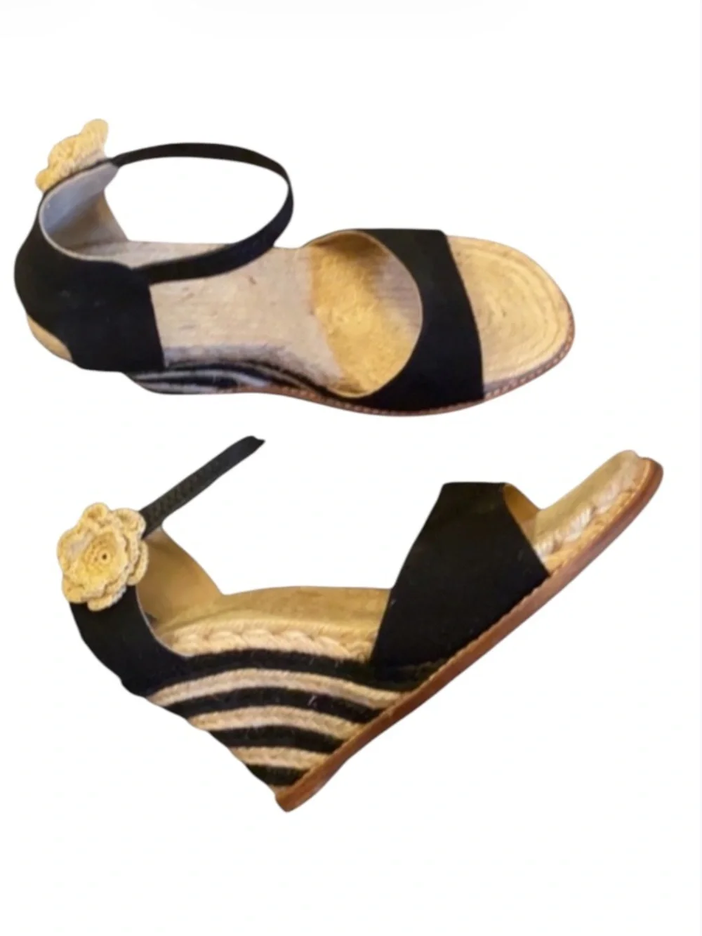 Vintage Kate Spade Grenada Black Canvas Espadrille  Tan Black Wedge Ankle Strap